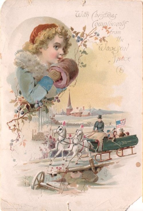 Victorian Christmas Greeting Card with Horse Sleigh Scene