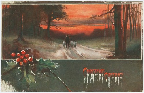 Edwardian Christmas Greeting Card Shepherd Sunset Forest Path