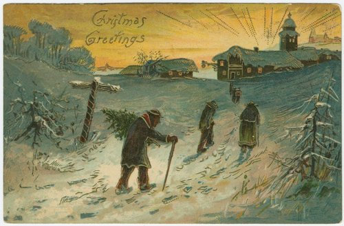 Edwardian Christmas Postcard Villagers Walking Snow Scene 1900s