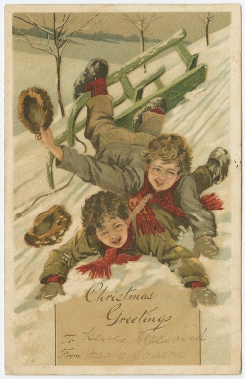Edwardian Christmas Postcard Boys Sledding Spill in Snow