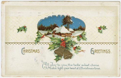Edwardian Christmas Postcard with Winter Village & Holly Bells