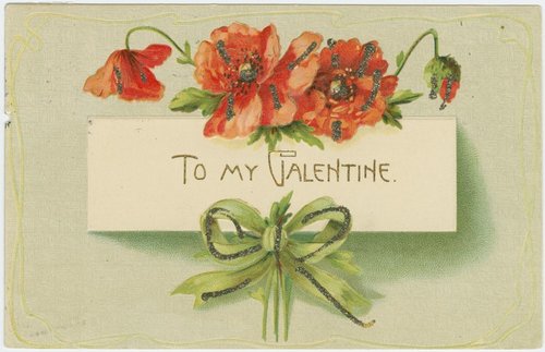 Edwardian Valentine Postcard Red Poppies Glitter Green Bow