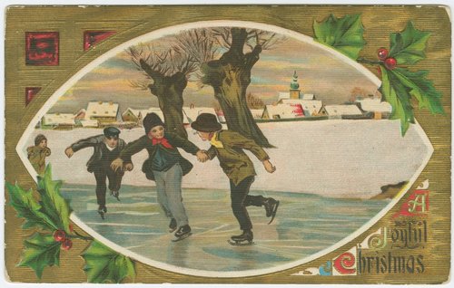 Edwardian Christmas Postcard Ice Skating Children Snowy Village