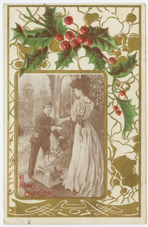Victorian Christmas Card Courting Couple Holly Art Nouveau