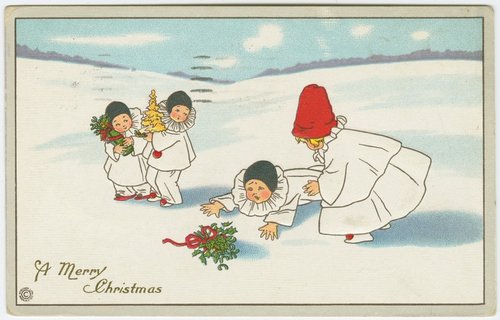 Edwardian Christmas Postcard Children in White Pierrot Costumes Snow