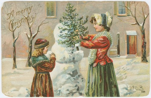 1903 Edwardian Christmas Card Woman Child Decorating Snowman