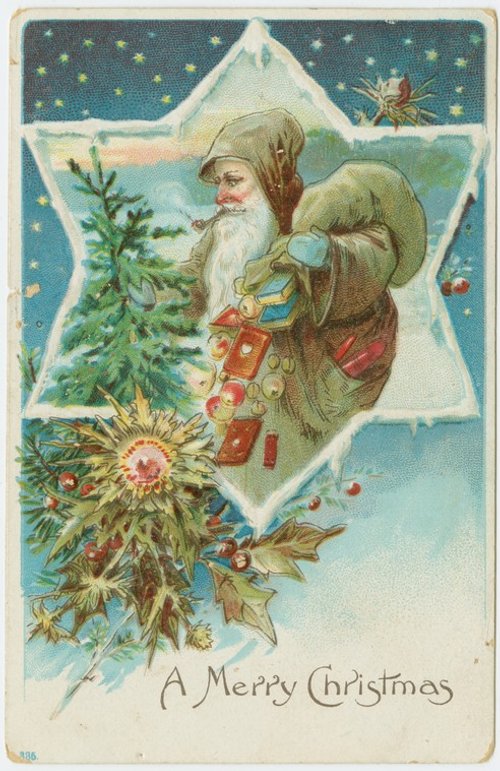 Victorian Christmas Postcard Father Christmas Green Robe Star 1900s