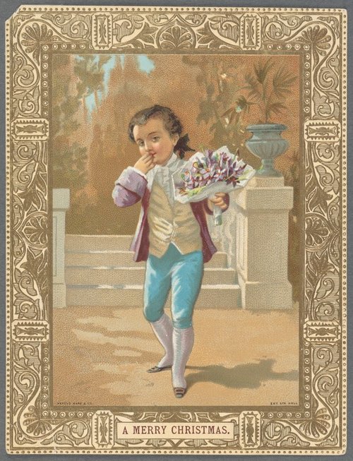 Victorian Christmas Card Boy with Flowers Colonial Costume