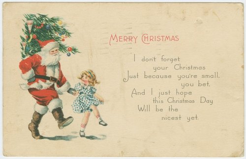 1920s Vintage Christmas Card Santa & Little Girl Walking