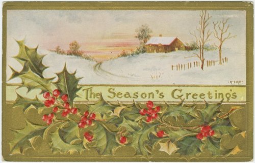Edwardian Christmas Postcard Holly & Winter Farmhouse Scene