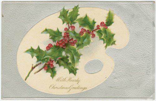 Victorian Christmas Card Artist Palette Holly Berries Greeting