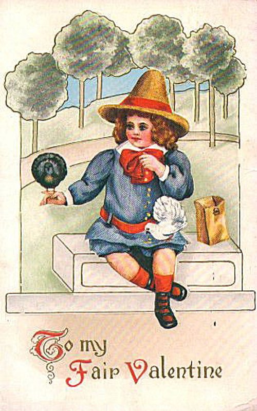 Vintage Valentine's Day Greeting Card with Child in Golden/Straw Hat