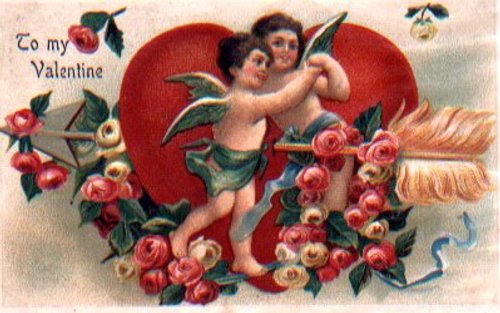 Victorian Valentine Card with Cherubs and Pink Roses