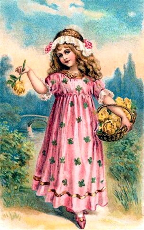Victorian Child in Pink Dress with Flower Basket - Antique Easter Card