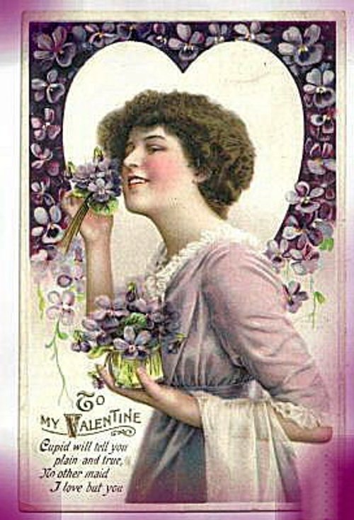 Vintage Valentine Card Art Nouveau Woman with Violets