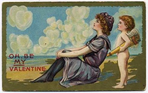 Victorian Valentine Greeting Card with Cherub and Woman