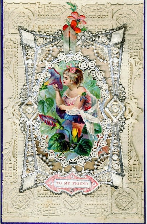 Victorian Friendship Greeting Card with Young Woman & Morning Glories