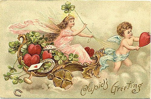 Cupid's Greeting Victorian Valentine Card with Hearts and Shamrocks