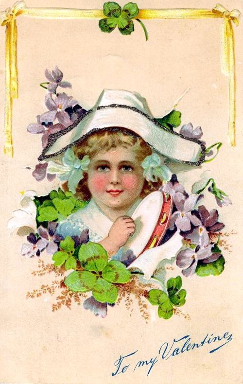 Victorian Valentine Greeting Card: Child in Hat with Violets
