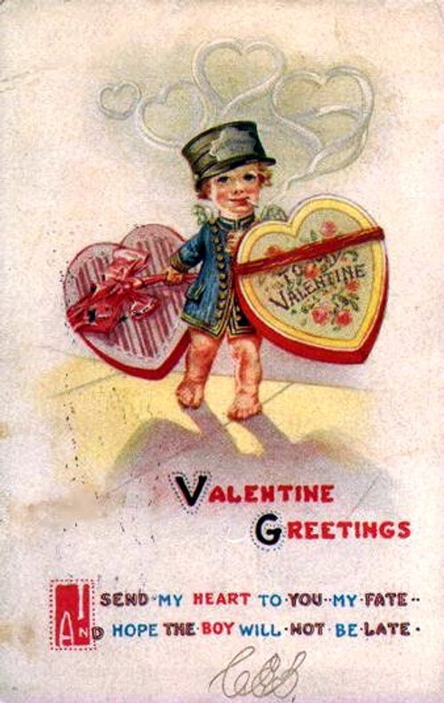 Vintage Valentine's Day Greeting Card with Child Messenger & Heart-Shaped Boxes