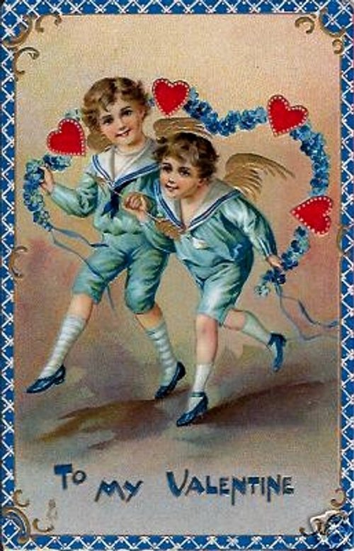 Vintage Valentine Children with Winged Cupid - Victorian Era Card
