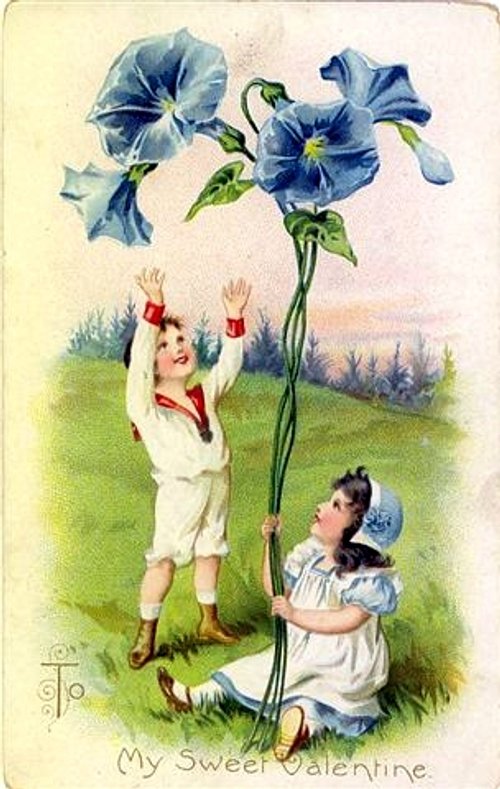 Victorian Valentine: Children & Giant Blue Morning Glories