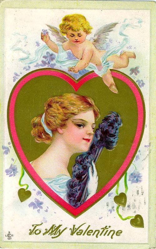 Vintage Valentine's Day Greeting Card with Cherub and Woman