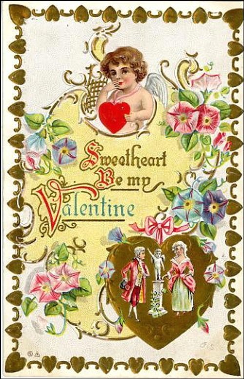 Victorian Valentine's Day Greeting Card with Cherub & Flowers