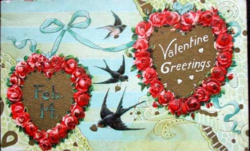 Victorian Valentine Greetings Card with Red Rose Hearts & Swallows