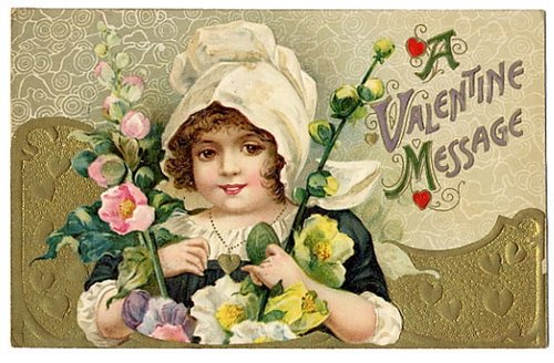 Victorian Valentine Message Card: Girl with Flowers & Bonnet