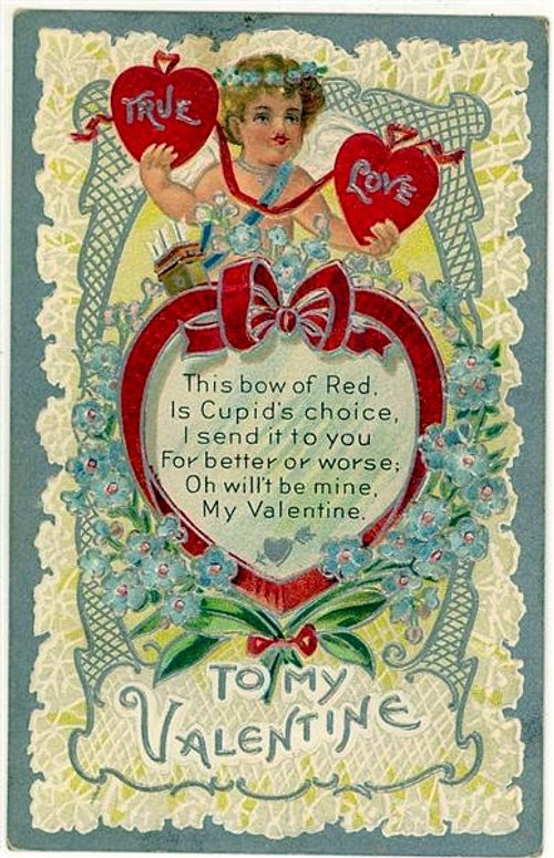 Edwardian Cupid Valentine Card with Red Hearts & Bow