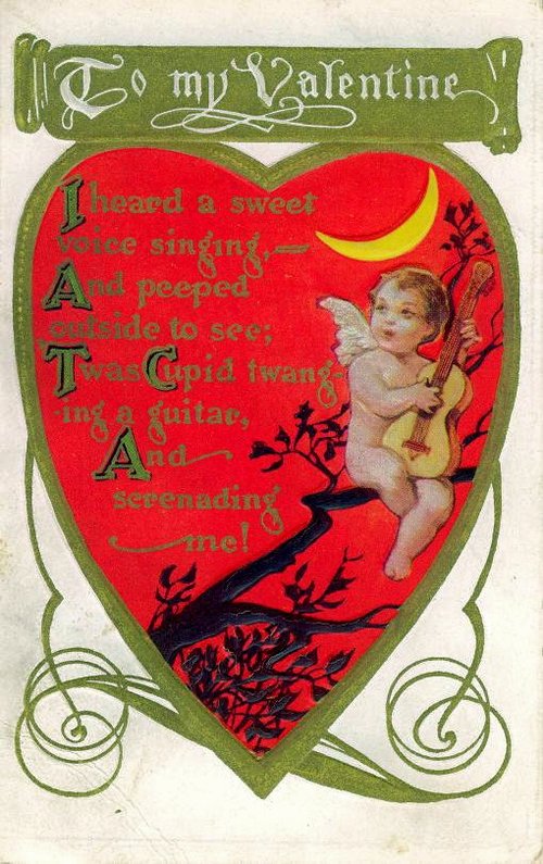 Vintage Valentine Card with Cupid and Guitar, Art Nouveau Style