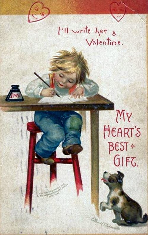 Vintage Valentine's Day Greeting Card: Child Writing Letter with Dog