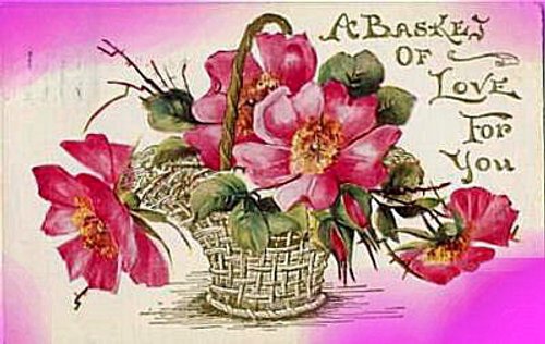Victorian Love Greeting Card with Pink Roses in Basket