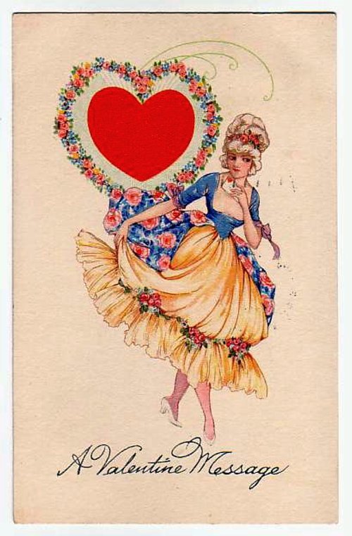 Edwardian Valentine's Day Card with Floral Heart & Woman