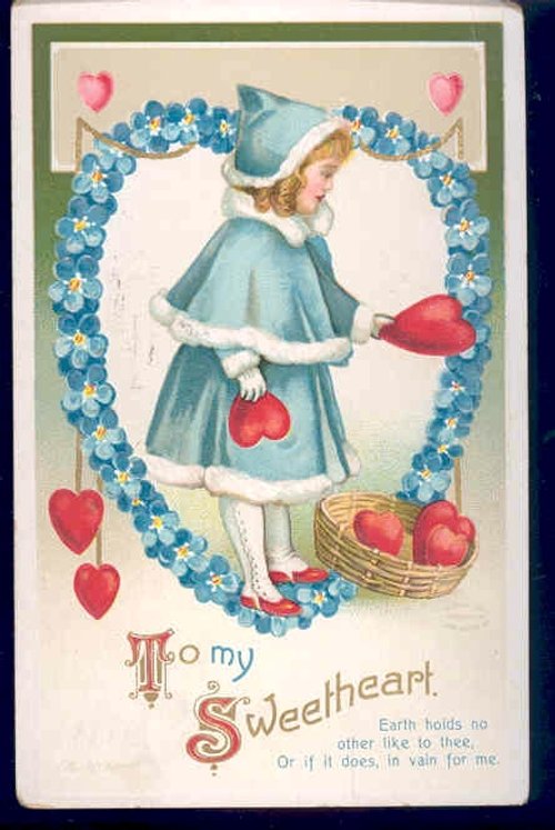 Victorian Valentine's Day Greeting Card with Girl in Blue Cloak