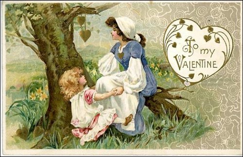 Victorian Valentine Card with Children Under Tree | Vintage 1890s