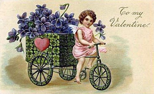 Victorian Valentine Card: Cherub Delivering Violets by Tricycle