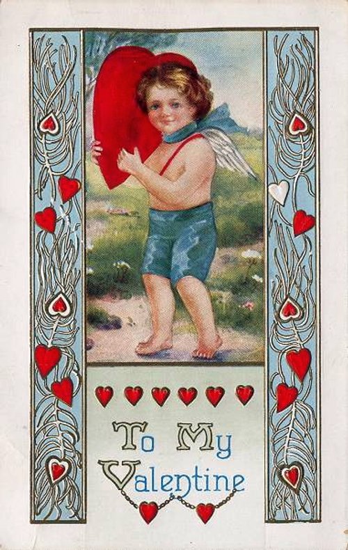 Vintage Cherub Valentine Card Art Nouveau Red Heart
