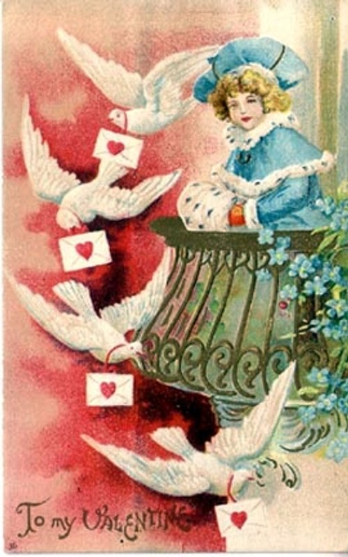 Victorian Valentine's Day Greeting Card with Doves and Child