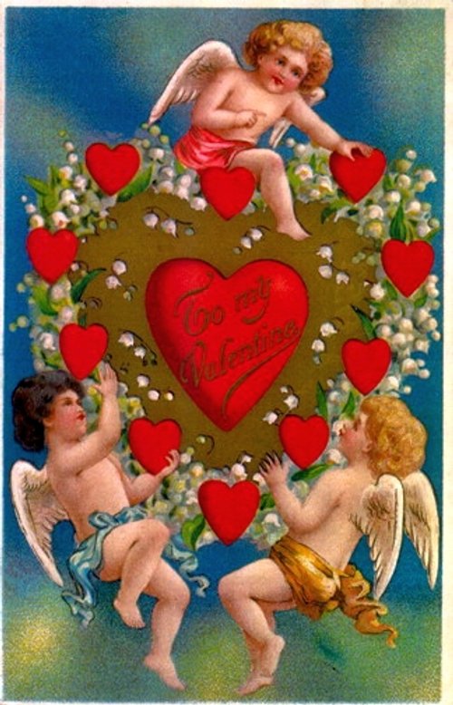 Victorian Valentine Cherubs & Hearts Lithograph Greeting Card