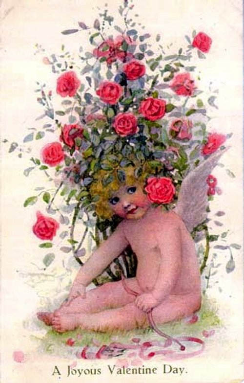 Victorian Valentine's Day Cherub Rose Bouquet Greeting Card