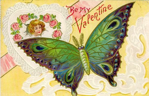 Victorian Valentine's Day Card with Peacock Butterfly & Cherub