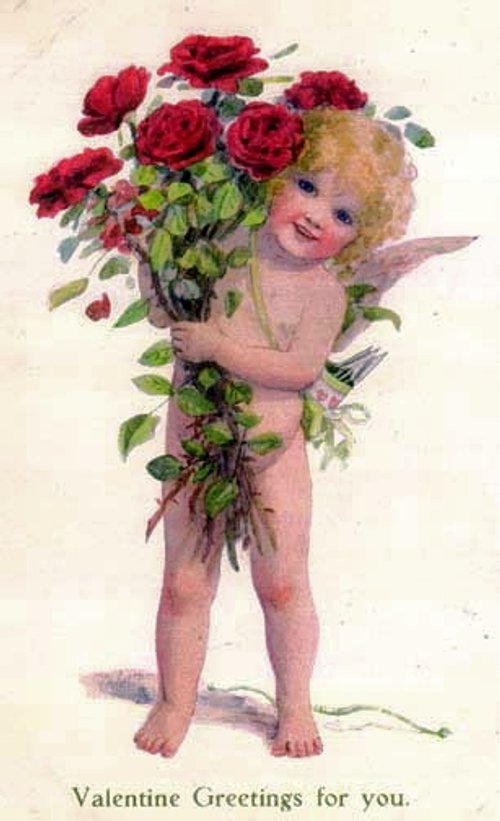 Victorian Valentine Cherub with Red Roses Greeting Card