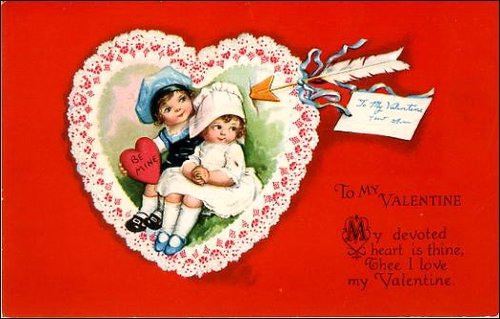Victorian Valentine's Day Card Two Children Heart Die-Cut 1890s
