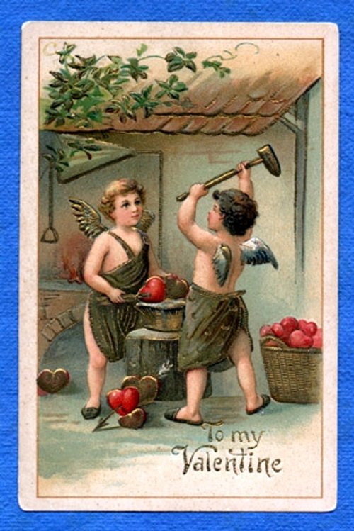 Victorian Valentine Cherubs Building Love - Vintage Greeting Card