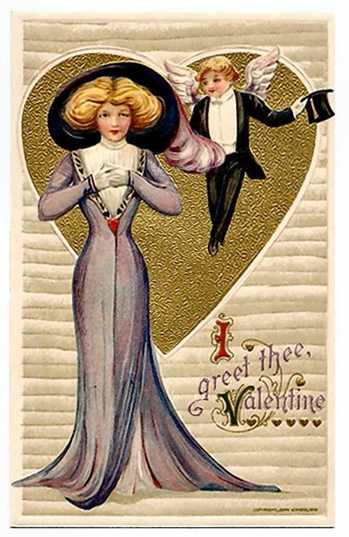 Edwardian Valentine's Day Greeting Card with Cupid & Woman