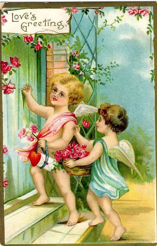 Victorian Love's Greetings Card with Cherubs & Pink Roses