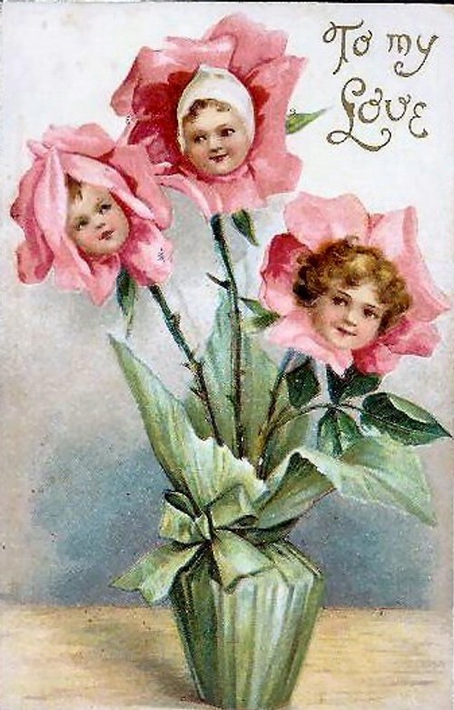 Victorian Love Greeting Card with Flower Children in Pink Roses