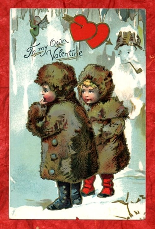 Vintage Victorian Valentine Card: Adorable Children in Fur Coats
